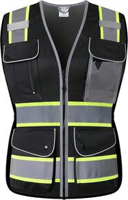 HATAUNKI Reflective  Vest For Women Mesh High Visibility Vest With 8 Pockets And Front Zipper High Vis Vest Work Vests Meets ANSI/ISEA Standards(Black-16, Medium),24200042 - Black - View 1