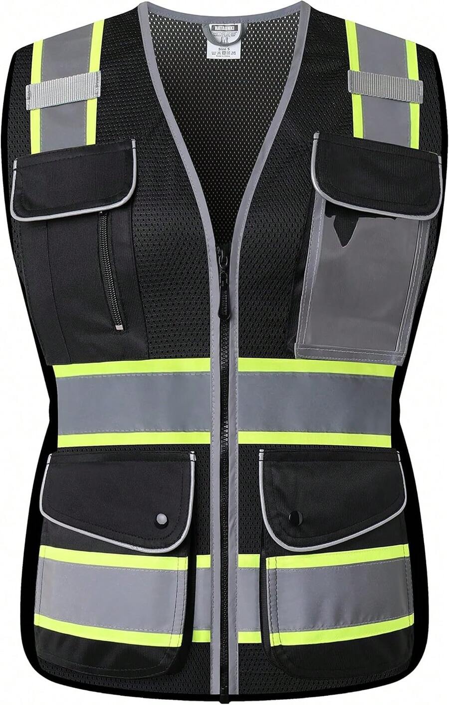 HATAUNKI Reflective  Vest For Women Mesh High Visibility Vest With 8 Pockets And Front Zipper High Vis Vest Work Vests Meets ANSI/ISEA Standards(Black-16, Medium),24200042 - Black - View 1