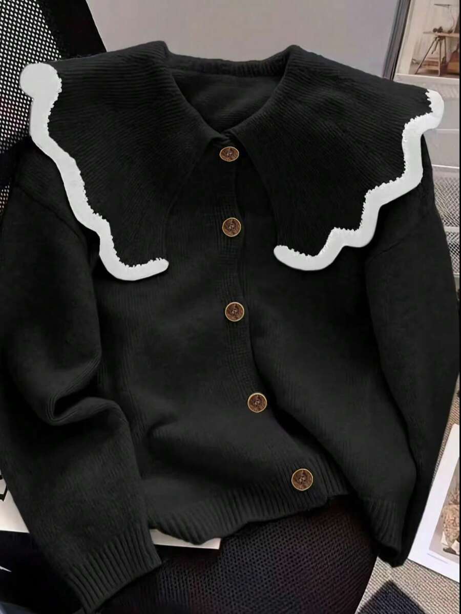 Suéter de punto con cuello Peter Pan de diseño único, suelto y suave, versátil, color negro, adecuado para primavera, otoño e invierno - Negro - Ver 1