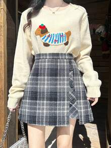 YooLy Autumn And Winter Plaid Woolen Skirt, Asymmetrical A-Line Short Skirt With Decorative Buttons. - Dark Grey - View 4