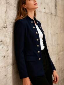 Women's Elegant Double-Breasted Casual Blazer - Women's Office Work Jacket. Stylish Long-Sleeved Jacket In Black Polyester With Flap Pockets. Faux Pockets Perfect For Office Or Casual Chic Looks. Office Jacket | Double-Breasted Jacket | Polyester Blazer - Màu xanh lam - Xem 4