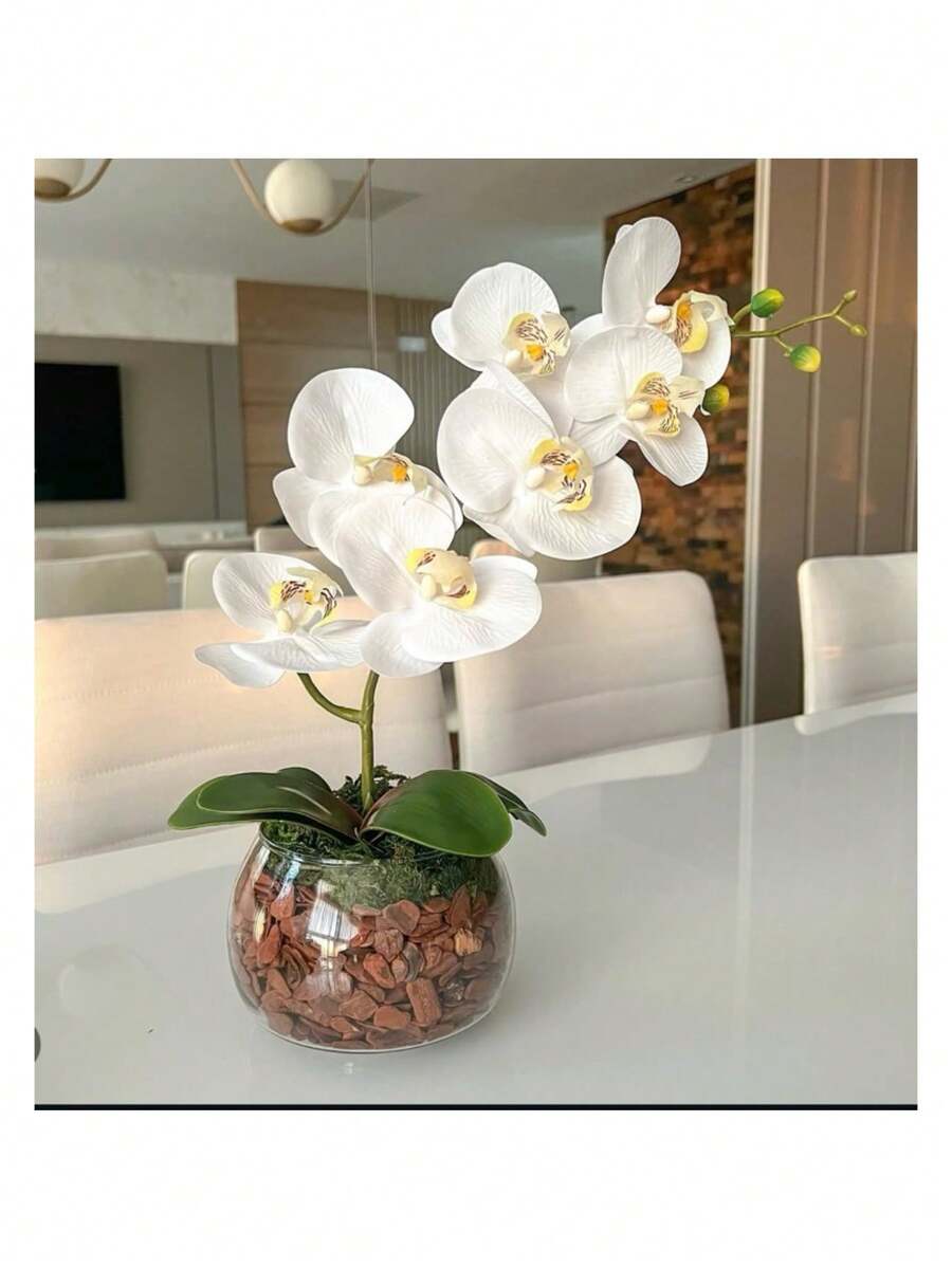 Elegance At The Table Realistic Complete Orchid With Glass Vase - Multicolor - Ver 1