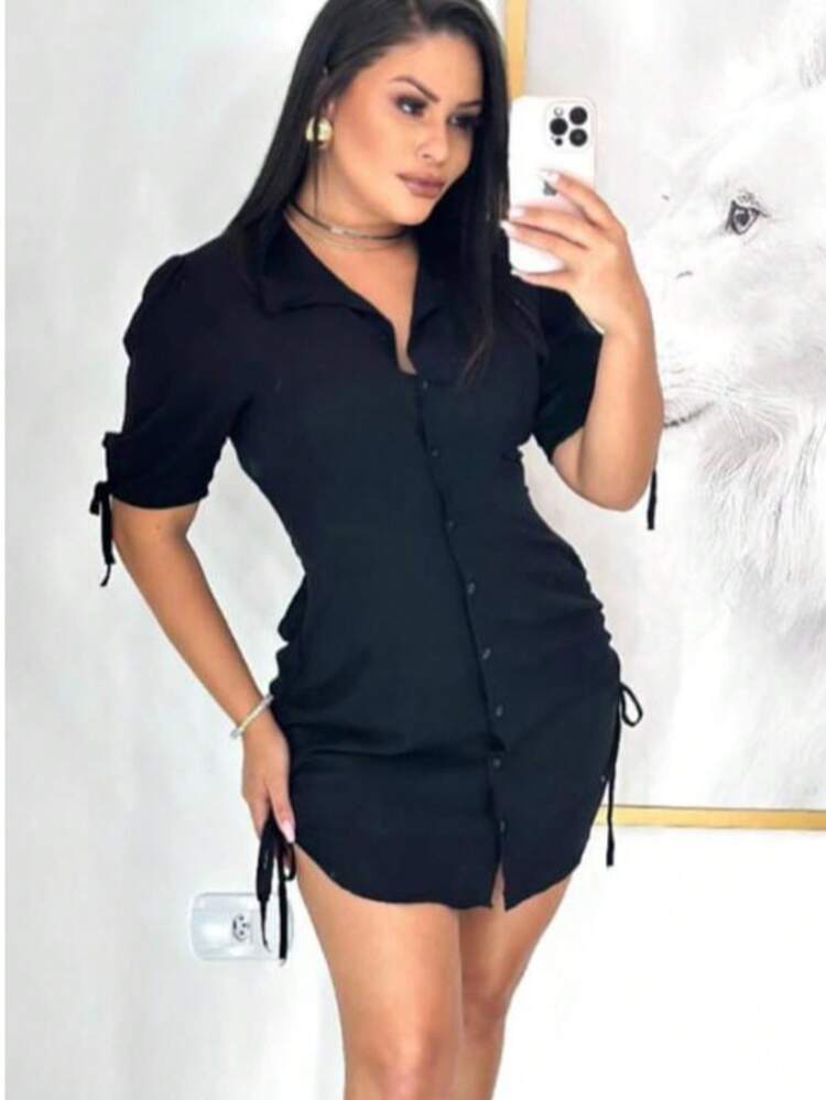 Vestido Bella Preto – Clássico e Poderoso  Simples    Botão  Nó - Preto - Visão 1