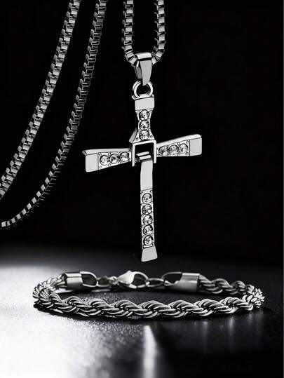 Set de 2 piezas: Collar con colgante de cruz de diamante y pulsera de cadena trenzada para hombres, de material metálico, regalo de joyería, estilo punk/hip-hop
