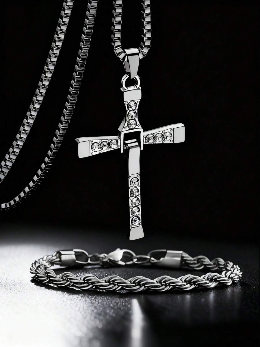 2pcs/Set Fashionable Men's Diamond Cross Pendant Necklace & Braided Chain Bracelet Set, Metallic Material, Jewelry Gift, Punk/Hip-Hop Style