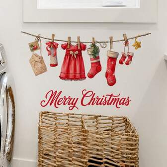Festive Christmas Stockings & Dress Wall Stickers - Wall Stickers With Matte Self-Adhesive Finish, Removable Holiday Decor For Living Room, Entryway, Bedroom Glass - Easy To Apply, Removable, And Weather-Resistant, Christmas Decorations