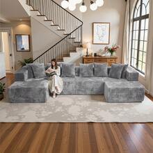 132'' U-Shape Modular Cloud Corduroy Sofa - Modern And Suitable For Living Room, Comfortable,Living Room Combination Sofa,No Assembly Needed,Popular Boneless Sectional Couch Loveseat Couch Vacuum-Sealed Compression Sofa - Màu Xám nhạt - Xem 11