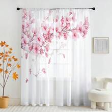 两片粉色樱花图案薄纱窗帘，柔和光线，保护隐私，杆袋式设计，适合不同季节，多功能家居装饰，涤纶材质，为卧室、客厅和书房增添自然魅力。 - 彩色 - 查看 14