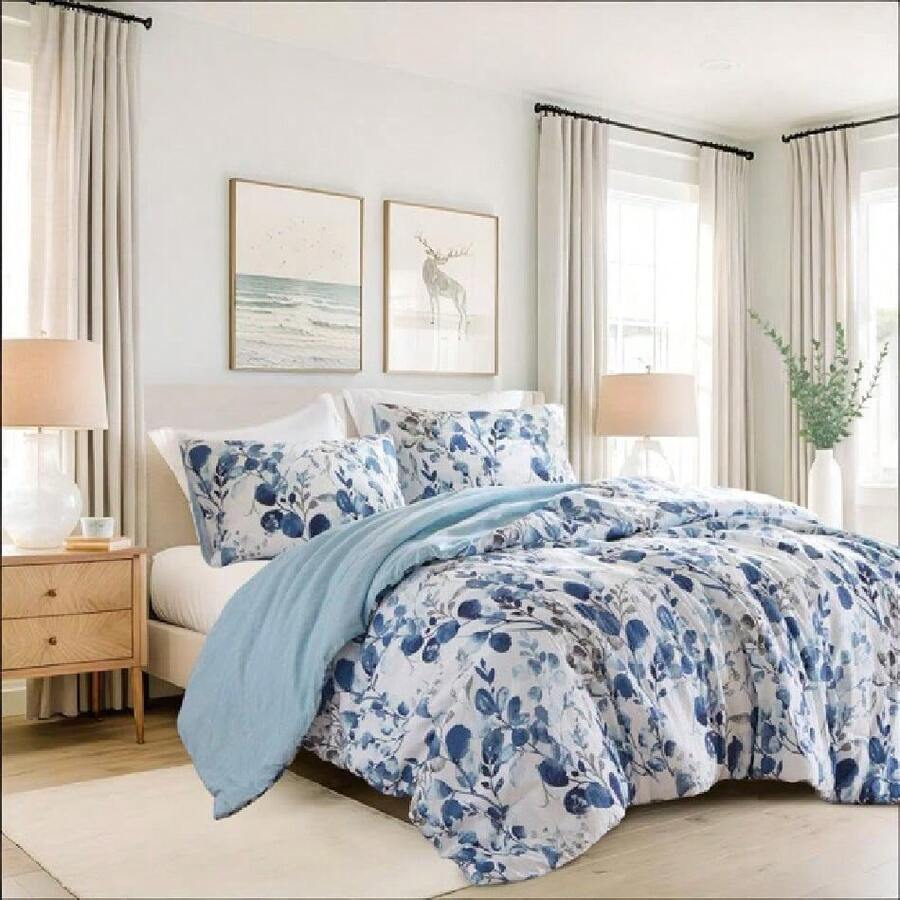 Lightweight Seersucker Botanical King Size Comforter Set, Reversible Design Bed Comforter, Premiuicrofiber Bedding Set, Comforter And Shams Set, Blue,24191361 - 藍色 - 查看 1
