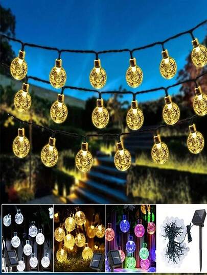 1pc Outdoor Solar String Lights, Length Options: 39.4ft/23ft/16.4ft, 100/50/20 LED Beads, Waterproof, 8 Modes, Crystal Ball Lights, Solar Fairy Garden Lights, Suitable For Garden, Lawn, Porch, Gazebo, Bistro, Christmas Tree, Wedding, Party, Holiday Decor (Warm White, Colorful, White), Autumn Decor, Indoor & Outdoor Decor