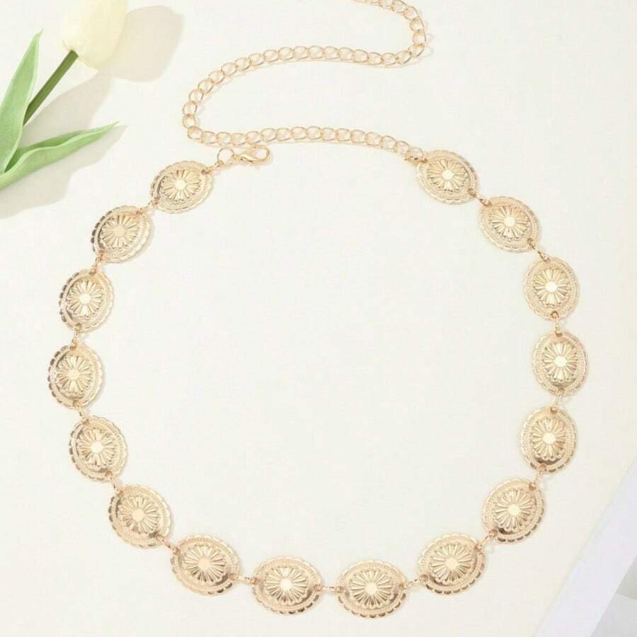 Japanese Retro  Embossed Pattern All-Match Personality Metal Alloy Belt Waist Chain With Dress Waist - Silver - View 1