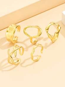 5 Stücke bohemian-stil asymmetrische offene edelstahl ringe, luxuriöses metallisches gefühl, verstellbare größe, 18k vergoldet, nicht verblassend, modeschmuck für frauen, party-tragen - Gold - Übersicht 14