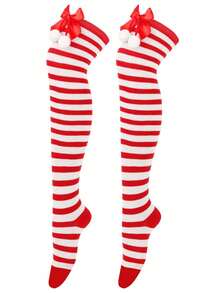 1 双女童青少年蝴蝶结圣诞袜、绒球过膝袜、圣诞条纹过膝袜 - 彩色 - 查看 4