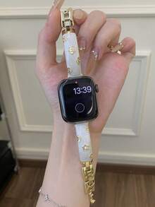 1pc Gold Floral Inlaid Metal Bracelet Watch Band, Women's Plum Blossom Ceramic Watch Band, Compatible With Apple Watch Series Ultra 3/2/1, SE, 11, 10, 9, 8, 7, 6, 5, 4, 3, 2, 1, Size 38/40/41/42/44/45/46/49mm, Smart Watch Accessory, Gold Band - Platinum - View 5