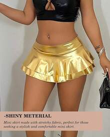 Women's Metallic PU Leather Mini Skirt - Ultra Short High Waisted Stretchy Clubwear Sexy Party Outfit - 金色 - 查看 2