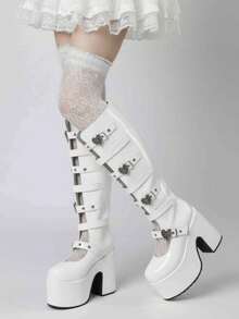Women's White Platform Spider Web Gothic Knee High Boots Round Toe Fashionable Sexy Current Motorcycle Party Winter Fall Shoes For Women - 白色 - 查看 8