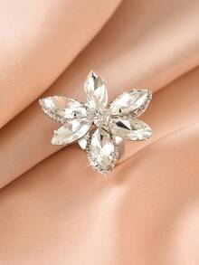1pc Women's Glamorous Sparkling Crystal Flower Ring, Fashionable Adjustable Open Ring