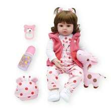 Realistic Baby Doll With Clothes And Stuffed Giraffe Silicone - Pink - View 1
