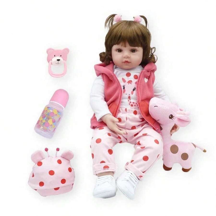 Realistic Baby Doll With Clothes And Stuffed Giraffe Silicone - Pink - View 1