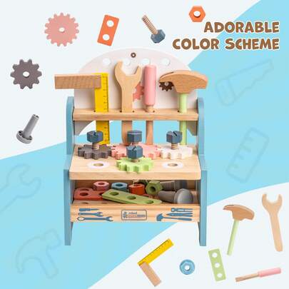 ROBUD Mini Wooden Play Tool Workbench Set For Toddlers – Montessori-Inspired Building Toy For Ages 3+