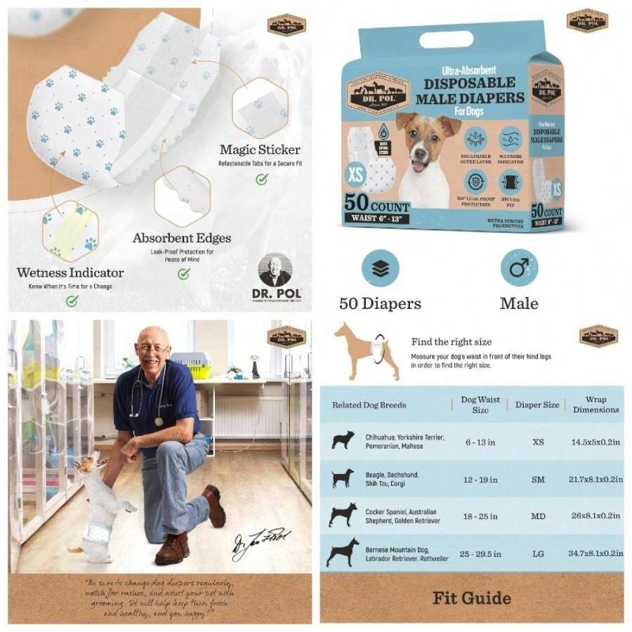 - Paales para Perros Macho, superabsorbentes, Transpirables, a Prueba de Fugas con indicador de Humedad, XS, 50 Unidades - Talla XS de cintura 6-13 pulgadas - Ver 1