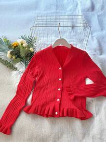 Elegante y de moda Cárdigan de punto a cuadros con escote en V para mujer en otoño-invierno - Mangas largas, longitud corta, bordes con volantes, cierre con botones delanteros. Adecuado para Acción de Gracias, Navidad, Año Nuevo y otras ocasiones.