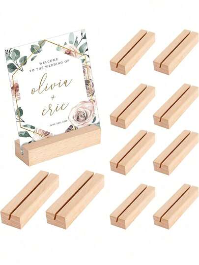 10Pcs/Set Wooden Place Card Holder, Rustic Wooden Card Holders, Beech Wood, Table Number Stands For Weddings & Events, Pine Wood Craft Memo Clips, Photo Card Holder For Weddings, Banquets And Parties, Menu Card Holder, Photo Holder, Postcard Holder Decorative Accessories