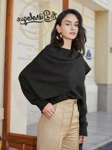 女款休閒百搭核心紡紗長袖交叉綁帶套頭衫，蝙蝠袖披肩式針織上衣，優雅設計，適合春季穿著 - 黑色 - 查看 3
