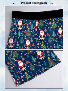 Naughty And Cute Home Leisure Men's Long Boxer Briefs, Milk Silk Knitted Fabric, Soft And Skin-Friendly, Quick-Drying And Breathable, Santa Claus Pattern Print, 1 Pack Of Men's Novelty Shorts