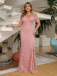 Long Off-The-Shoulder Party Dress In Shiny Lace - Rusty Rose - View 2