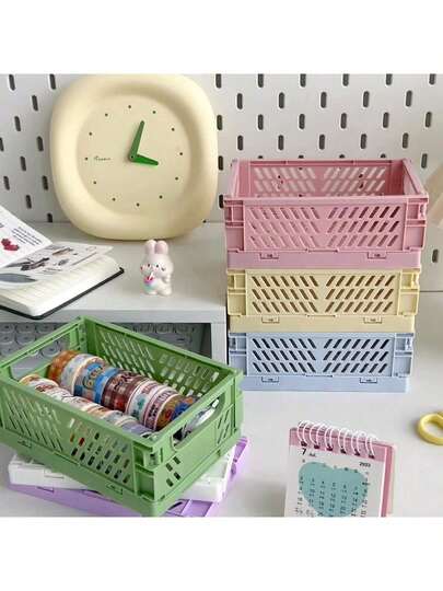 1PC Foldable Storage Box Basket, Storage Box, For Living Room Desktop Storage, Bedroom Decoration Storage, Classroom Office Storage, Kitchen Vegetable Food Storage, Tableware Storage, Foldable And Stackable Storage Box, Multiple Colors