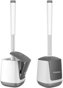 Toilet Brush And Holder 2 Pack, Self Closing Lid Toilet Bowl Brushes Holder And Extra Long Handle Ventilated Toilet Brush Set For Bathroom Cleaning, Nylon Bristles, White & Grey - 白色和灰色 - 查看 9