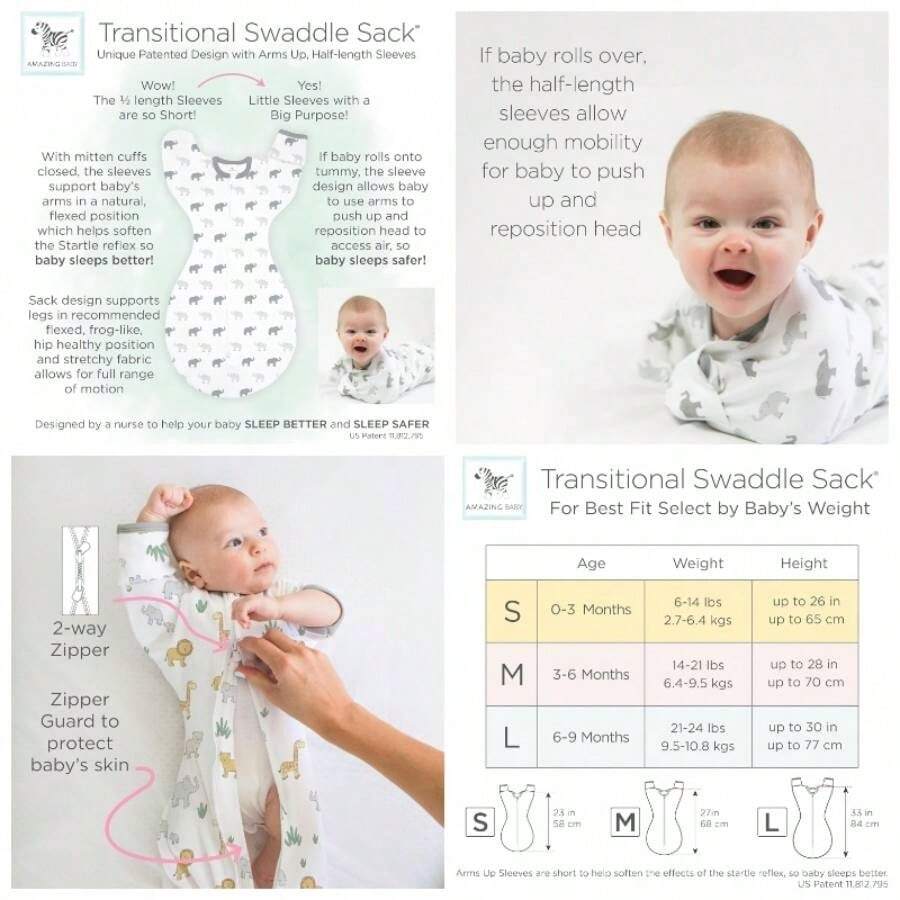 Increble saco de transicin para beb, mangas de media longitud y puos de manopla para la transicin del recin nacido al saco de dormir del beb, manta porttil, pequea, 0 - 3 meses, 6 - 14 libras, en - Large (21-24 Pound) + Pequeña cebra - Ver 1