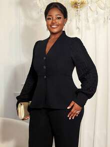 Women's Plus Size Stylish Black Peplum Coat V Neck Bishop Sleeve Jacquard Ruffle Detail Knitted Fabric Long Sleeve Button Closure Button Blazer