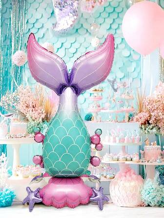 1 st stående sjöjungfruballong, med pärlskal och sjöstjärna, stående sjöjungfrusvans och lila/blå sjöjungfrufolieballong, perfekt för födelsedagsfestatmosfär, inomhus-/utomhusdekor, evenemangsrekvisita, sjöjungfrufestdekoration, havs-/undervattensfest, sjöjungfruprinsessa födelsedag