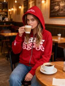 New Spring And Autumn Sweater Men's And Women's Fashion Wear Group Men's Hip-Hop Foam Letter Top Printing Hooded Zipper Sweater Christmas Match Women's Casual Top Cardigan Coat - 紅色 - 查看 2