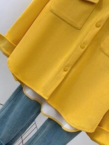 Women's Flannel-Lined Shirt Jacket, Solid Color Asymmetrical Hem Blouse With Notch Lapel & Pockets, Cozy Office & Lounge Top For Fall Winter Spring