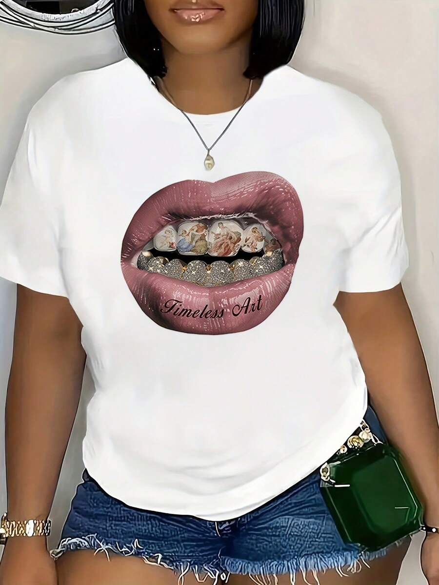 Timeless Art Lip Design Graphic Tee For Women With Sparkling Teeth Print Statement Shirt, 220g - 白色 - 查看 1