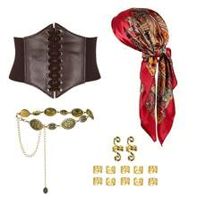 Conjunto de 1/12/15/16 piezas de accesorios de disfraz de pirata, que incluye diadema, cinturón de cuero, cadena de cintura de oro antiguo, medias de red, anillos para el cabello, adecuado para Halloween, fiesta de disfraces, festivales y uso diario - Multicolor - Ver 7