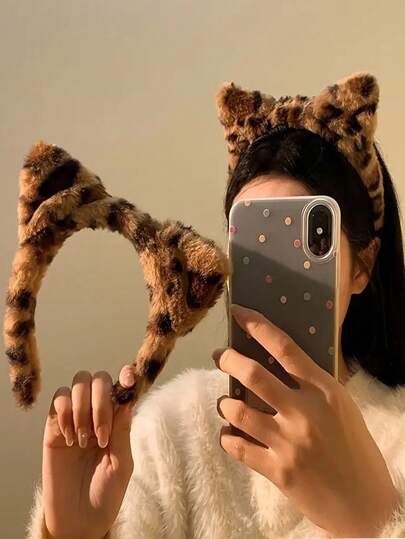 قطعة واحدة من اكسسوارات الشعر بطبعة نمر فرو ناعم، شريط رأس للغسيل الوجه، شريط رأس بأذن قطة مناسب للحفلات والهدايا والسفر والنساء وملحقات الشعر