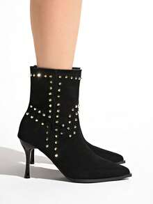 New Women's Brown Suede Rivet Decor Pointed Toe Stiletto Heel Ankle Boots - Black - View 2