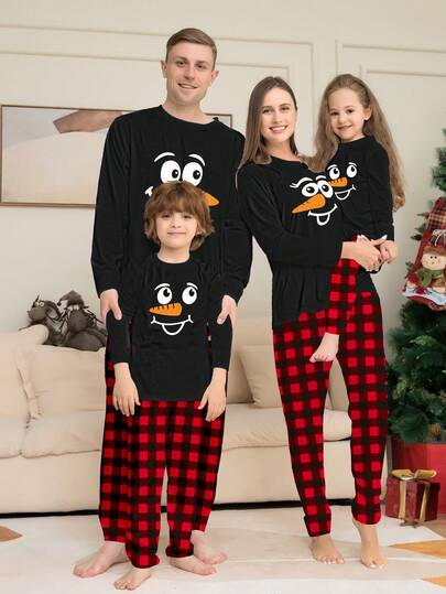 Pijama de Navidad de nueva llegada y caliente para mujer, con estampado de pingüino y nariz de zanahoria en la parte superior de manga larga y pantalones a cuadros rojos y negros, conjunto casual de 2 piezas de ropa de dormir navideña