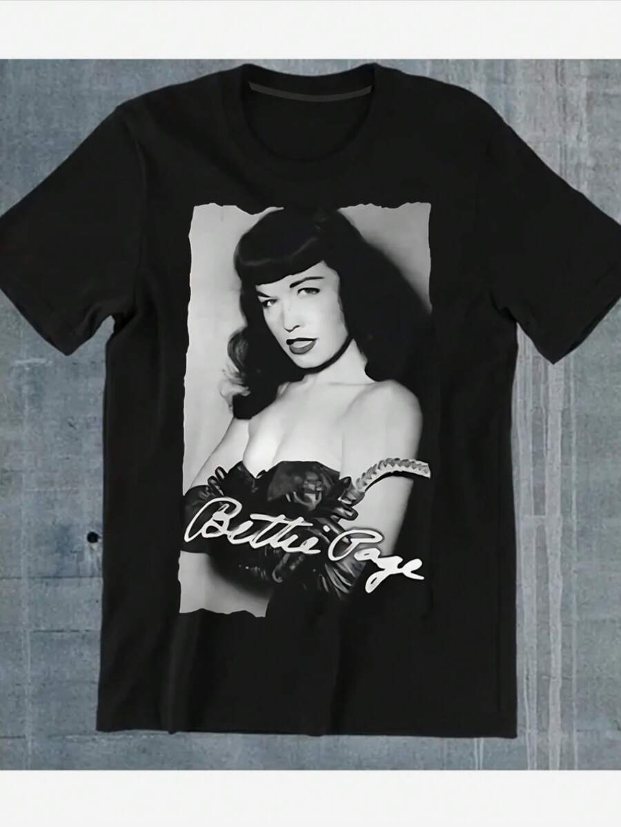 1pc Women's Vintage Bettie Page Graphic T-Shirt - Black & White Retro Pin-Up Art Print, Soft Round Neck Casual Tee, Machine Washable All-Season Top For Women & Teens, Birthday Holiday Gift, Ladies T-Shirts, Classic Fit Shirt, Everyday Outfit, Comfortable Fabric, Fashion - 黑色 - 查看 1