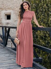 MIUSOL Elegant Floral Lace Mock Neck Cap Sleeve Pleated Hem Prom Party Maxi Dress Wedding Spring - Dusty Pink - View 4