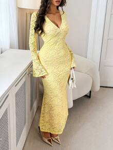 Women's V-Neck Long Sleeve Fitted Sexy Lace Jacquard Dress, Suitable For Dates, Back To School Seasons, Formal Dinners And Other Occasions - Yellow - View 8