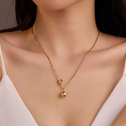 1pc Fashionable & Versatile Stainless Steel Rope Knot & Round Bead Pendant Necklace, Suitable As Gift For Women