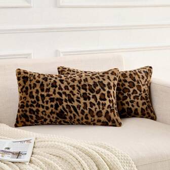 1/2 st. örngott i leopardmönster, modernt, konstgjord päls, rektangulärt, dubbelsidigt örngott, leopardmönster, sofförngott, heminredning, utan kuddekärna