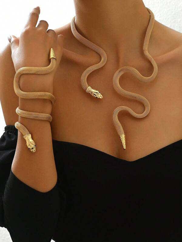 2 pezzi Set di bracciale e collana autunno/inverno, stile retrò punk da donna con catena a serpente, catena a rete versatile e stratificata, gioielli hip-hop esagerati adatti per uso quotidiano, strada e festa