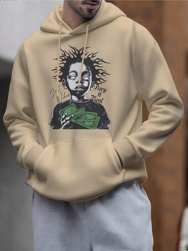 Sudadera con capucha de manga larga casual con cordón y terciopelo con estampado de dinero para hombres y niños
