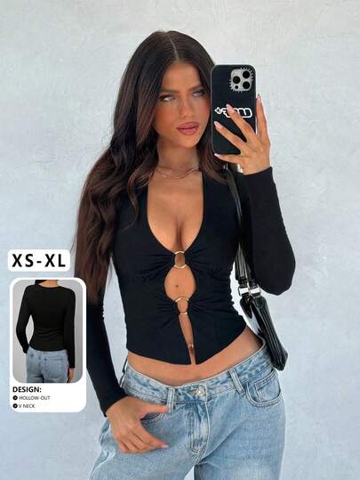 Blusa de manga larga con escote en V, decoración de anillo metálico hueco en la parte delantera, sexy y de moda, nueva colección de otoño/invierno, blusas de manga larga para mujer, ropa de otoño para mujeres